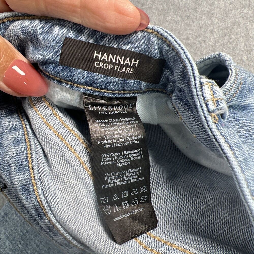 Liverpool Jeans Hannah Crop Flare Leg 12/31 Blue Distressed Denim Fray Hem Boho - Picture 15 of 16